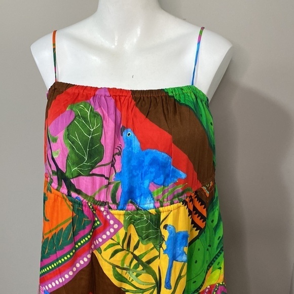 Farm Rio Anthropologie Dress Palila Tropical Printed Fringe Casual Midi Sz S NEW - Picture 5 of 16